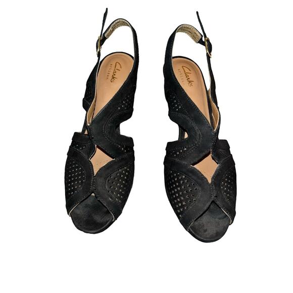 Clarks Artisan‎ Wessex Shay Pump Black Suede Laser Cut Peep Toe Heel Womens 7 - Picture 9 of 9